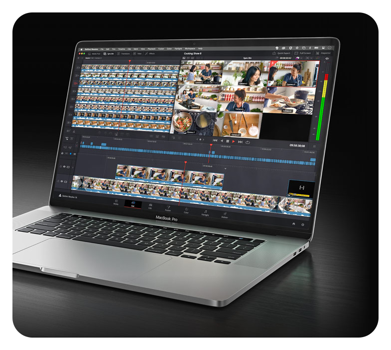davinci resolve running on a laptop on black background